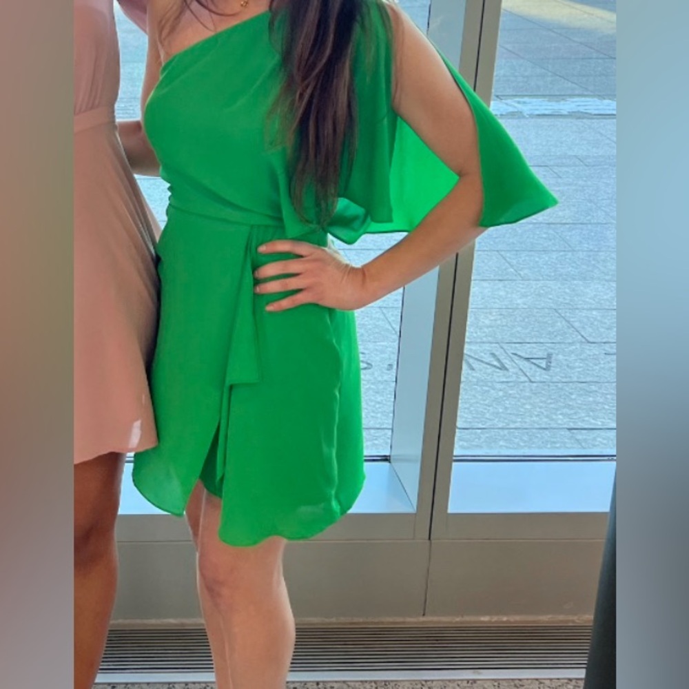 BCBGMAXAZRIA MINA PRINTED ONE-SHOULDER DRESS IN GREEN SZ 2